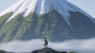 A samurai on horseback in front of a mountain